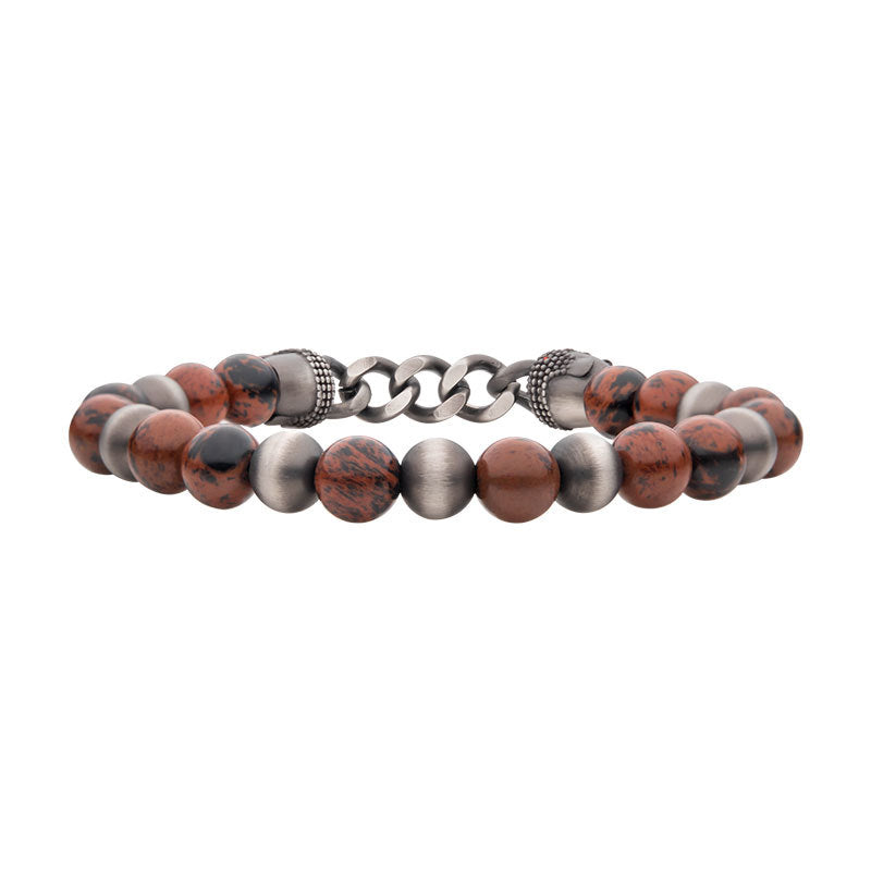Gun Metal IP Buddha Curb Chain with Genuine Mahogany Obsidian Stone Beads Bracelet