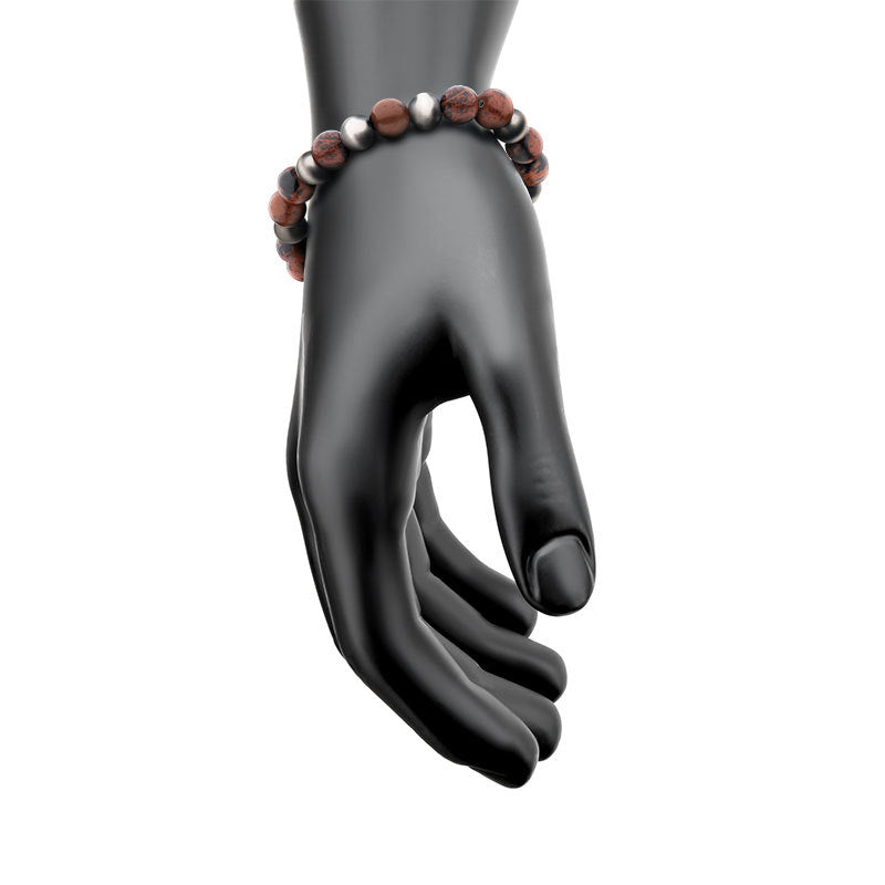Gun Metal IP Buddha Curb Chain with Genuine Mahogany Obsidian Stone Beads Bracelet