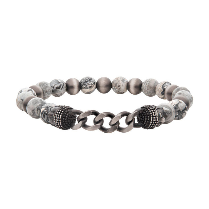 Gun Metal IP Buddha Curb Chain with Genuine Grey Jasper Stone Beads Bracelet