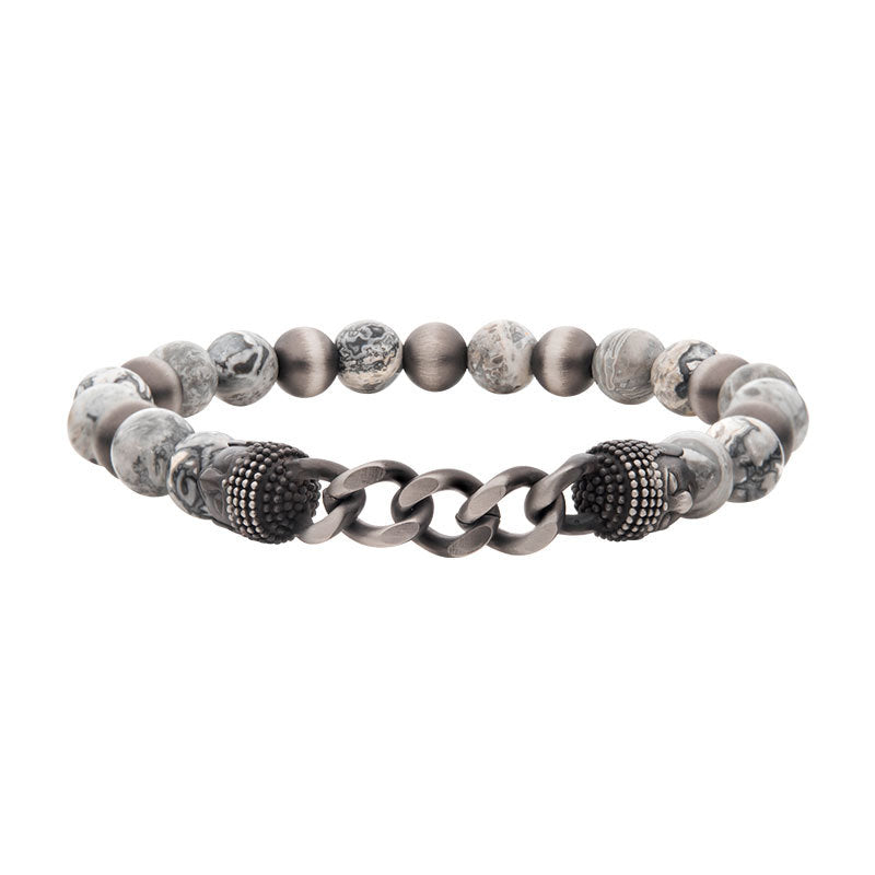 Gun Metal IP Buddha Curb Chain with Genuine Grey Jasper Stone Beads Bracelet