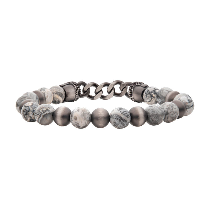 Gun Metal IP Buddha Curb Chain with Genuine Grey Jasper Stone Beads Bracelet