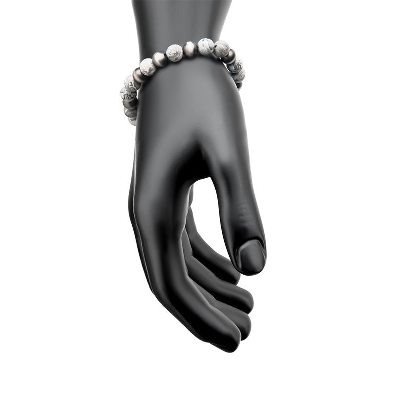 Gun Metal IP Buddha Curb Chain with Genuine Grey Jasper Stone Beads Bracelet
