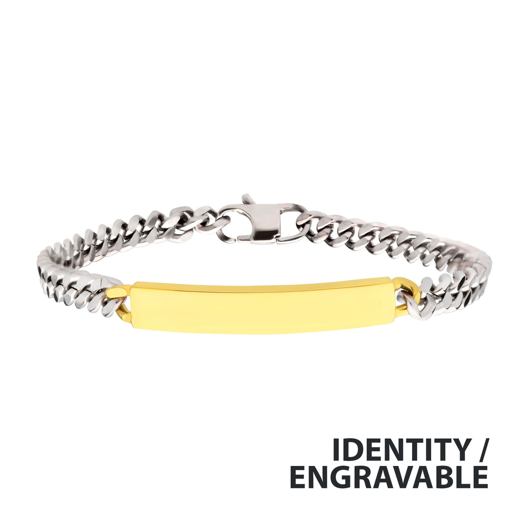 5.5mm Steel Curb Chain Two-tone Bracelet with 18Kt Gold IP Engravable ID Plate