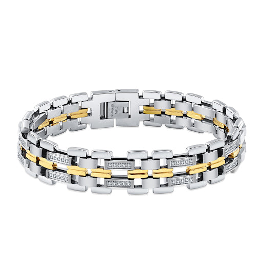 Gold IP Steel H-Link Bracelet with Prong Set Clear CZ Gems