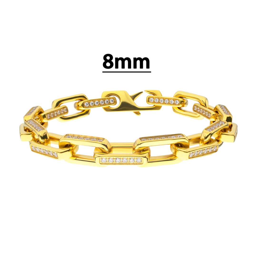 8mm Polished 18Kt Gold IP Steel Paperclip Chain with Clear CZ Heavy Link Bracelet
