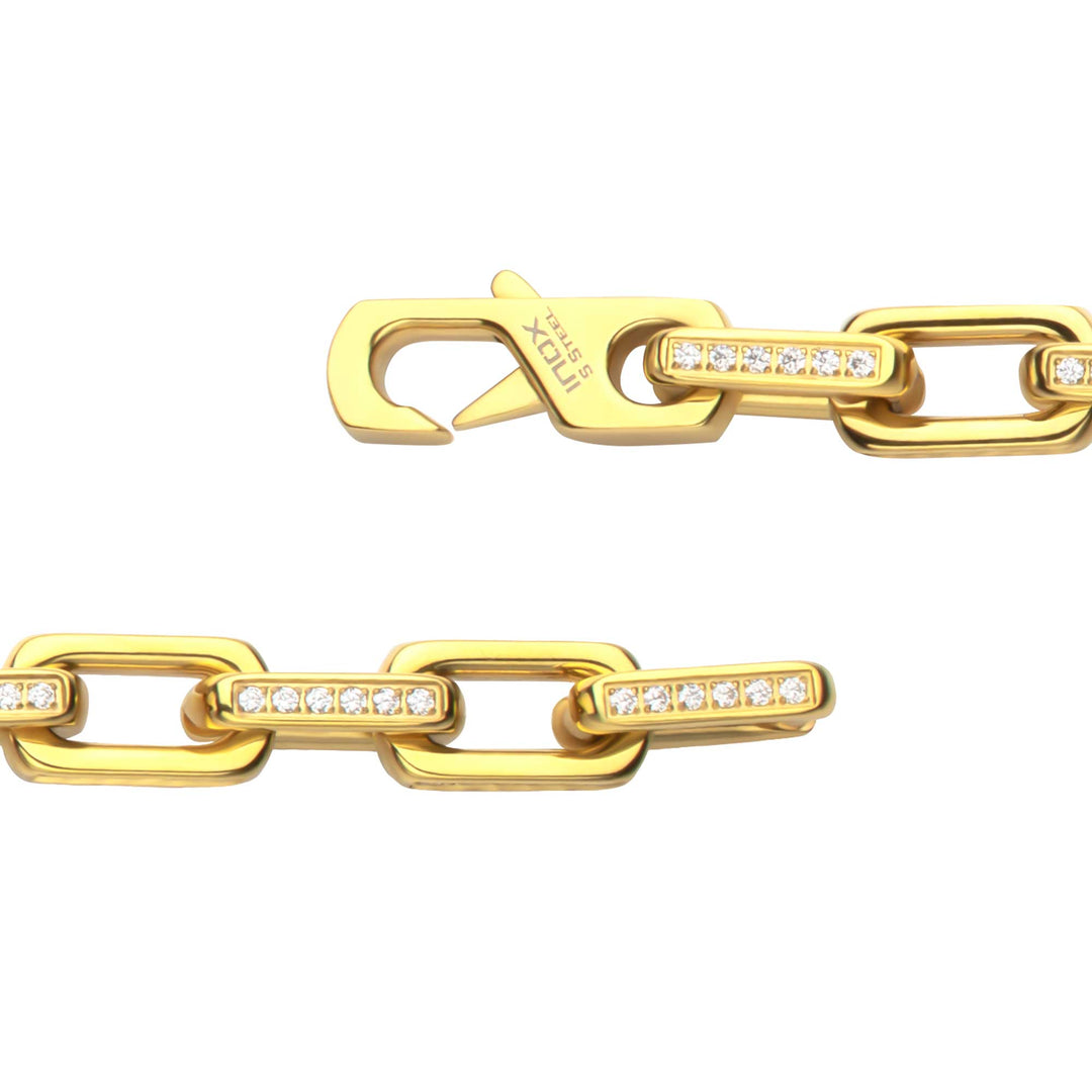 8mm Polished 18Kt Gold IP Steel Paperclip Chain with Clear CZ Heavy Link Bracelet