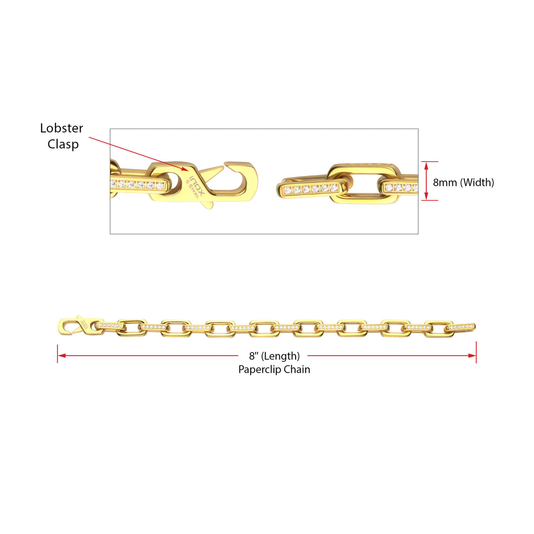 8mm Polished 18Kt Gold IP Steel Paperclip Chain with Clear CZ Heavy Link Bracelet