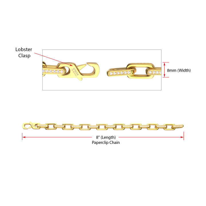 8mm Polished 18Kt Gold IP Steel Paperclip Chain with Clear CZ Heavy Link Bracelet