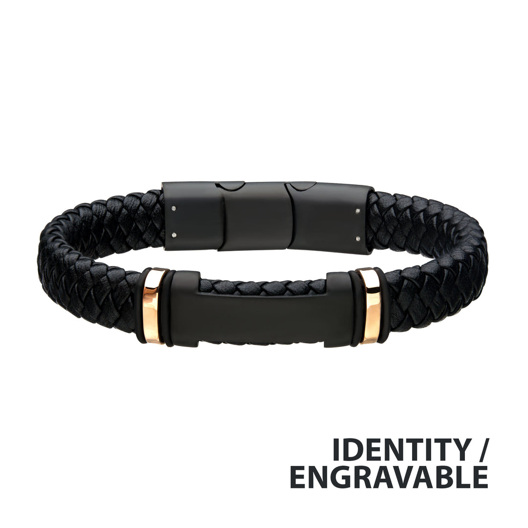 Black Leather with Rose Gold IP ID Bracelet