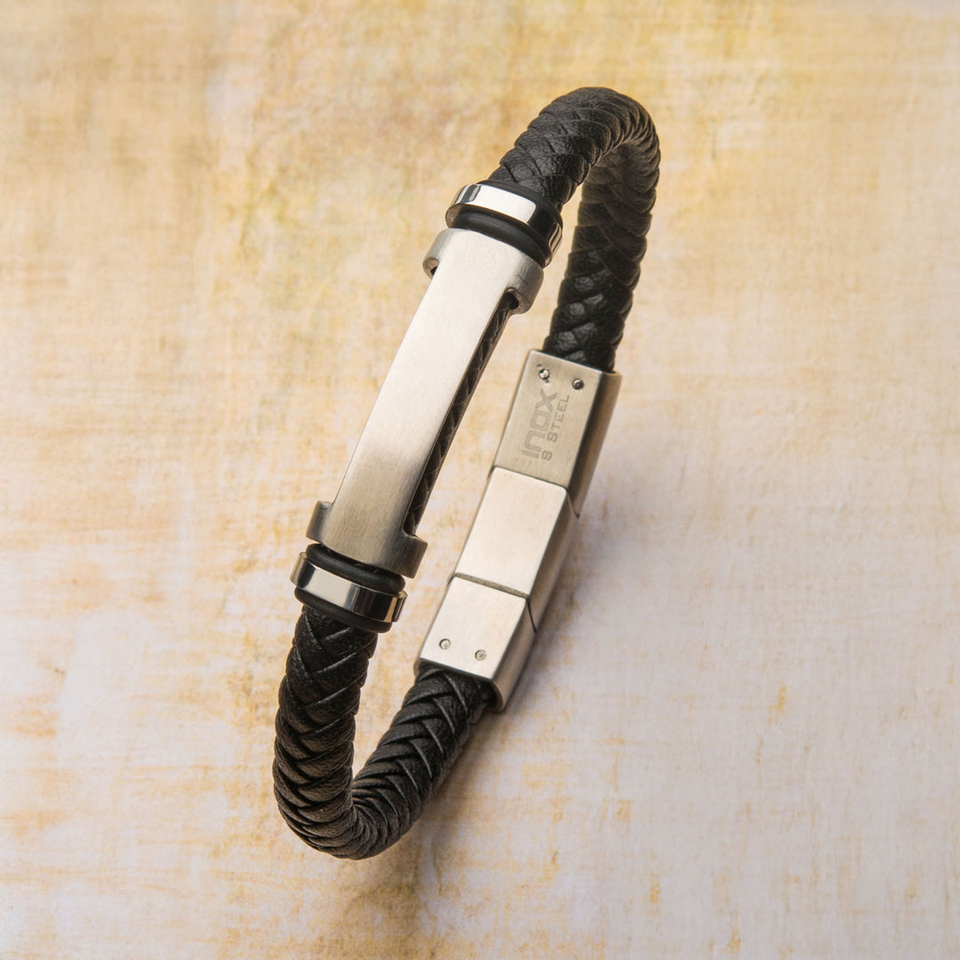 Black Leather with Stainless Steel Beads & Engravable ID Bracelet