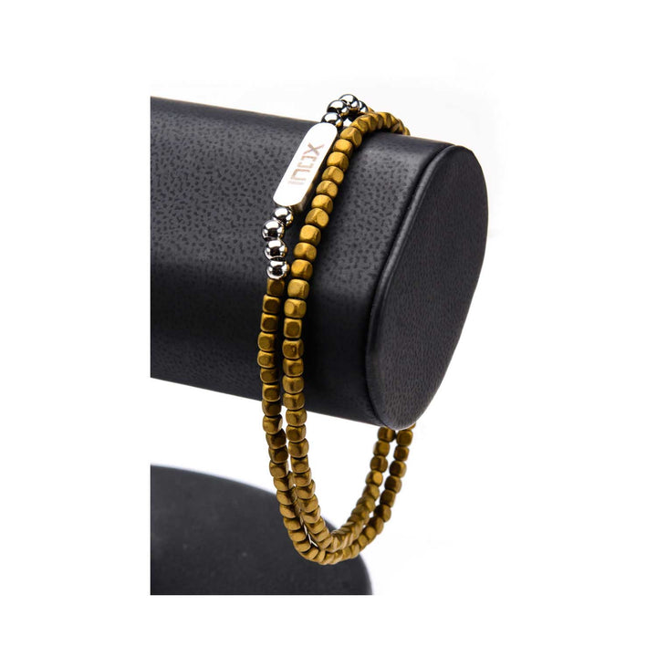 6mm Grey Brown Hematite Cube & Steel Beads Bracelet