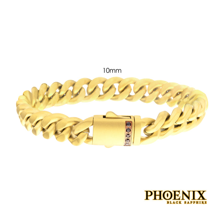 10mm 18Kt Gold IP Steel Matte Finish Miami Cuban Chain Bracelet with Genuine Black Sapphire