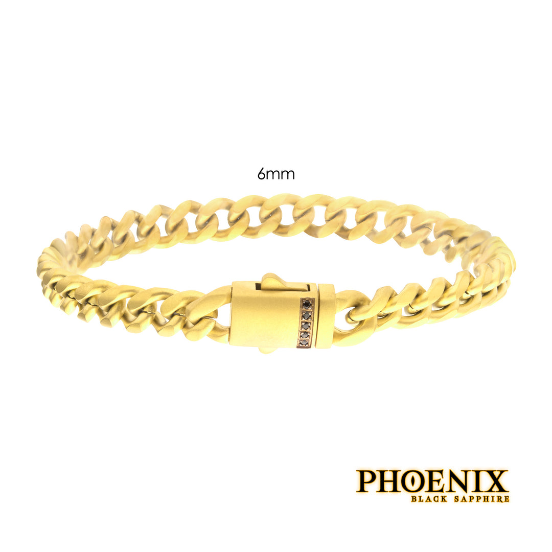 6mm 18Kt Gold IP Steel Matte Finish Miami Cuban Chain Bracelet with Genuine Black Sapphire