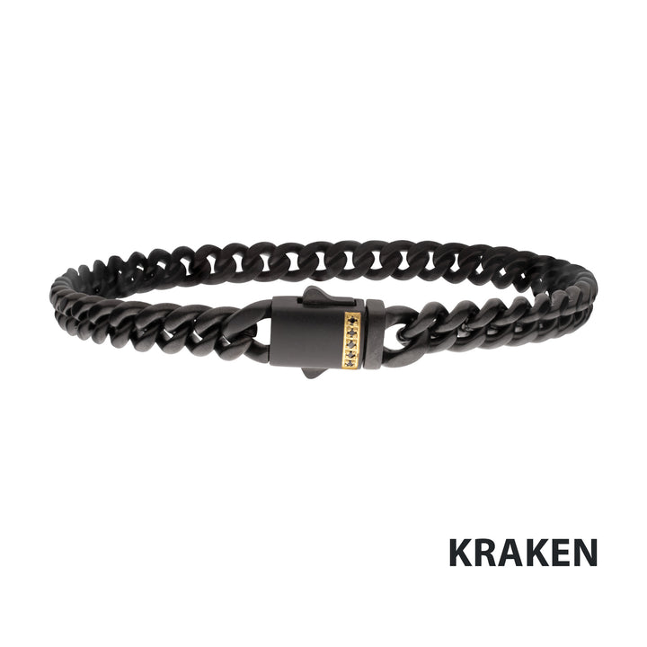 8mm Black IP Steel Matte Finish Miami Cuban Chain Bracelet with Genuine Black Sapphire Gem
