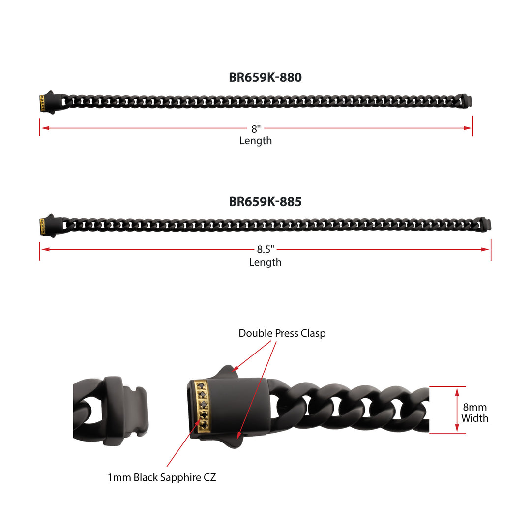 8mm Black IP Steel Matte Finish Miami Cuban Chain Bracelet with Genuine Black Sapphire Gem