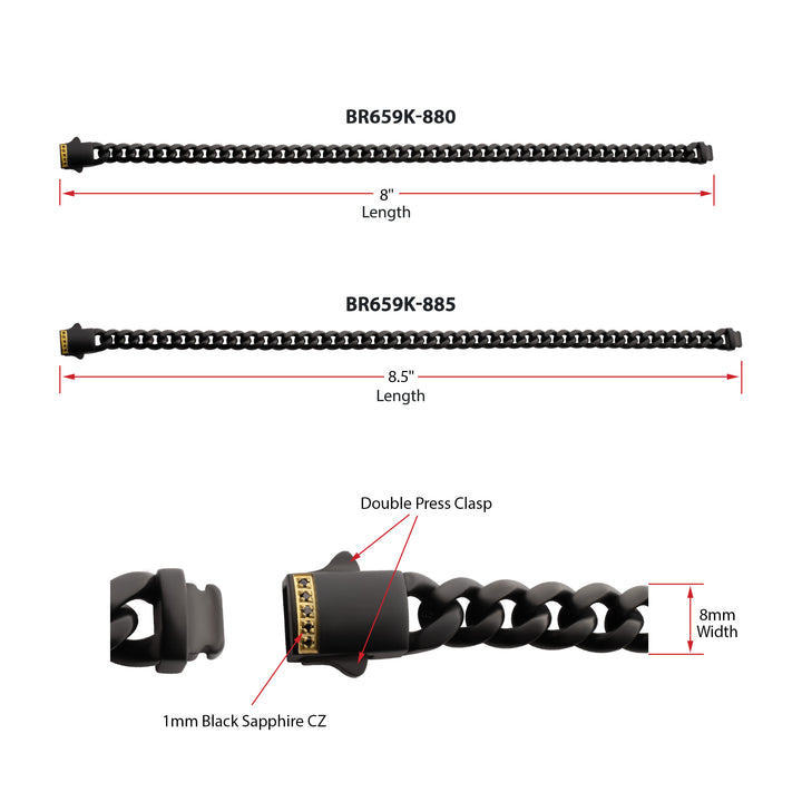 8mm Black IP Steel Matte Finish Miami Cuban Chain Bracelet with Genuine Black Sapphire Gem