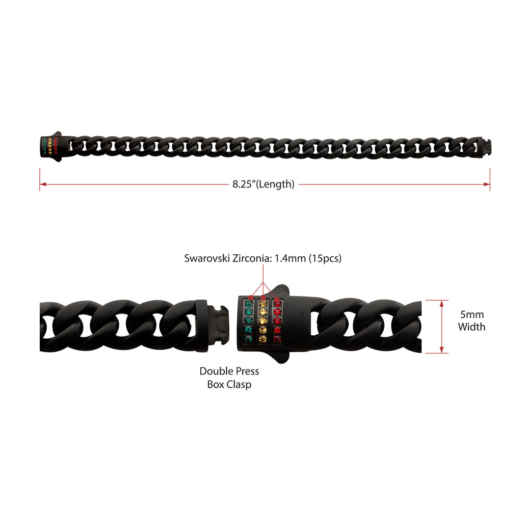 Matte Black Miami Cuban Chain Bracelet with Rainbow Swarovski Crystal