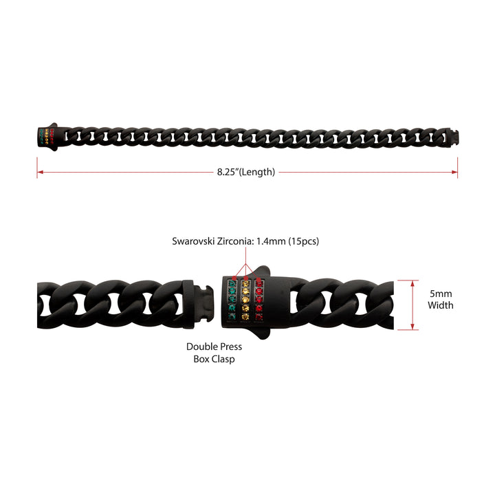 Matte Black Miami Cuban Chain Bracelet with Rainbow Swarovski Crystal