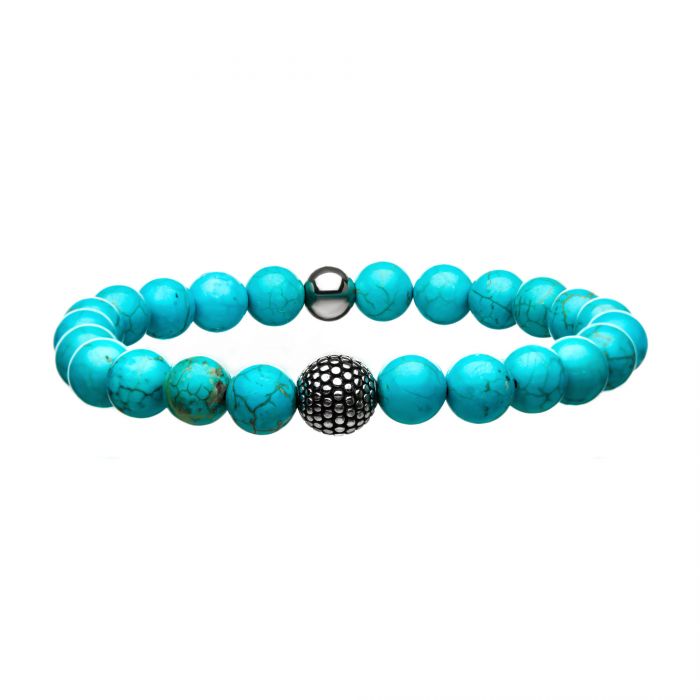 Blue Turquoise Stone Bracelet, Steel Ornamental Bead