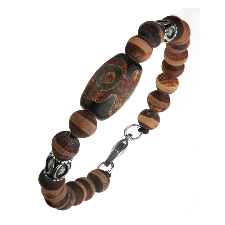 Dzi Tibetan Bead, with Frost Stripe Brown Agate Stone & Steel Amulet Ornaments Bracelet