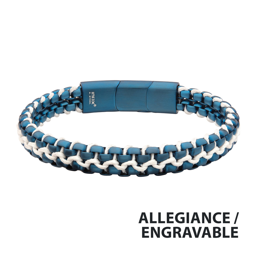 Matte Finish Blue IP Stainless Steel Box Chain with White Wax Cord Bracelet