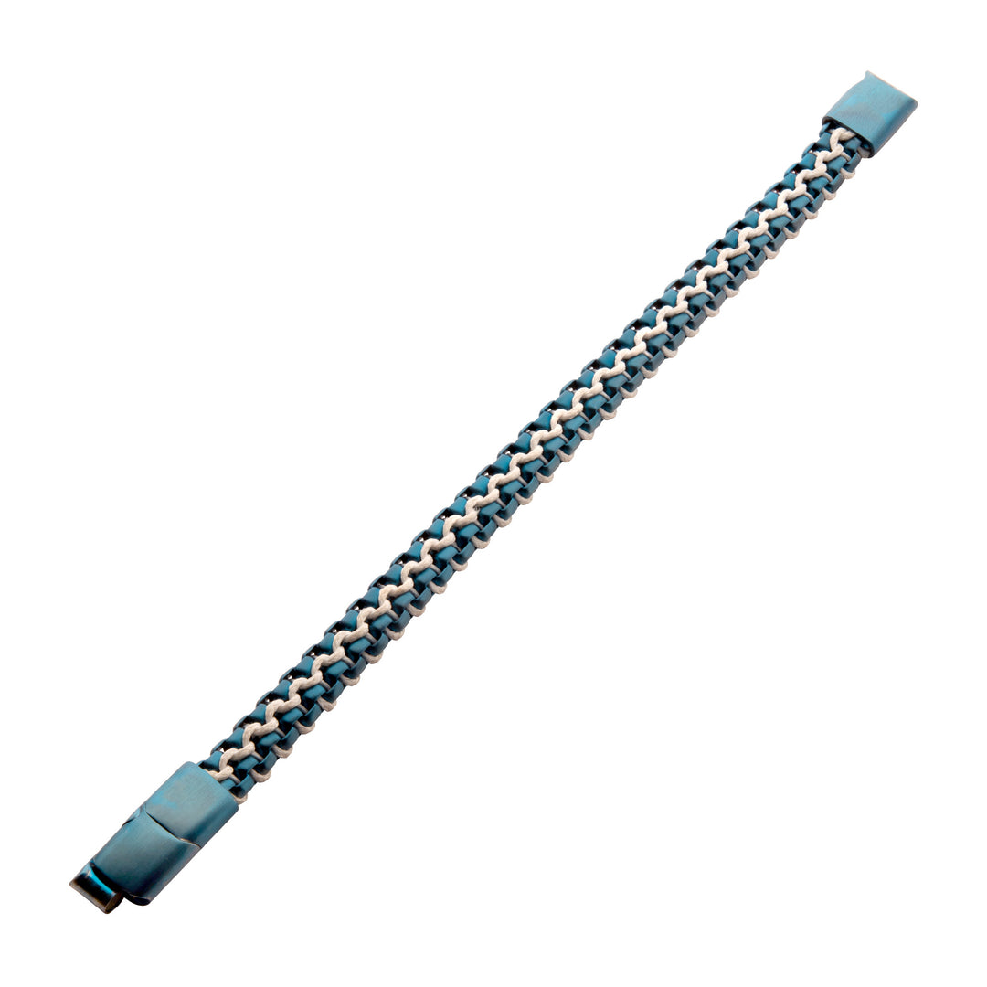 Matte Finish Blue IP Stainless Steel Box Chain with White Wax Cord Bracelet