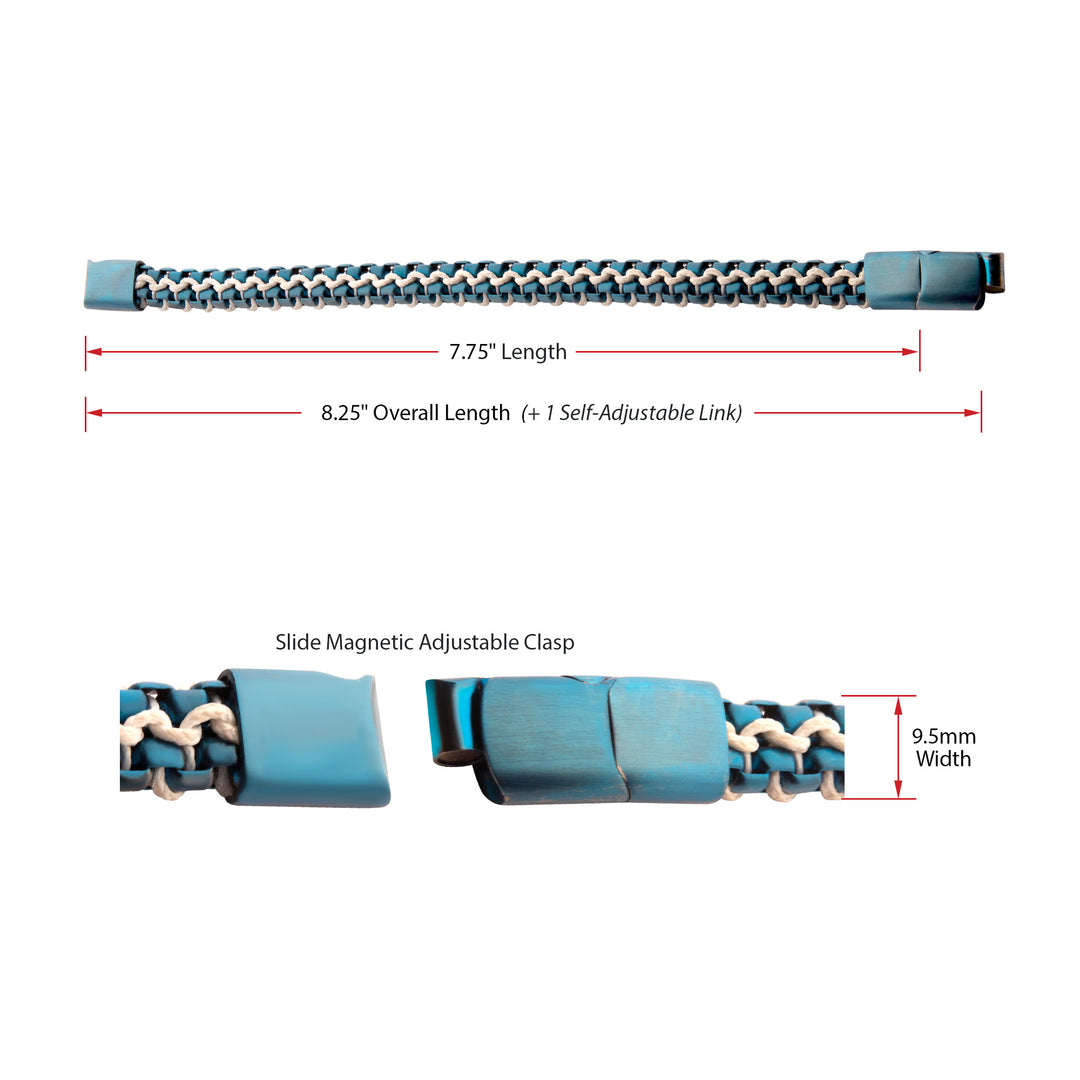 Matte Finish Blue IP Stainless Steel Box Chain with White Wax Cord Bracelet