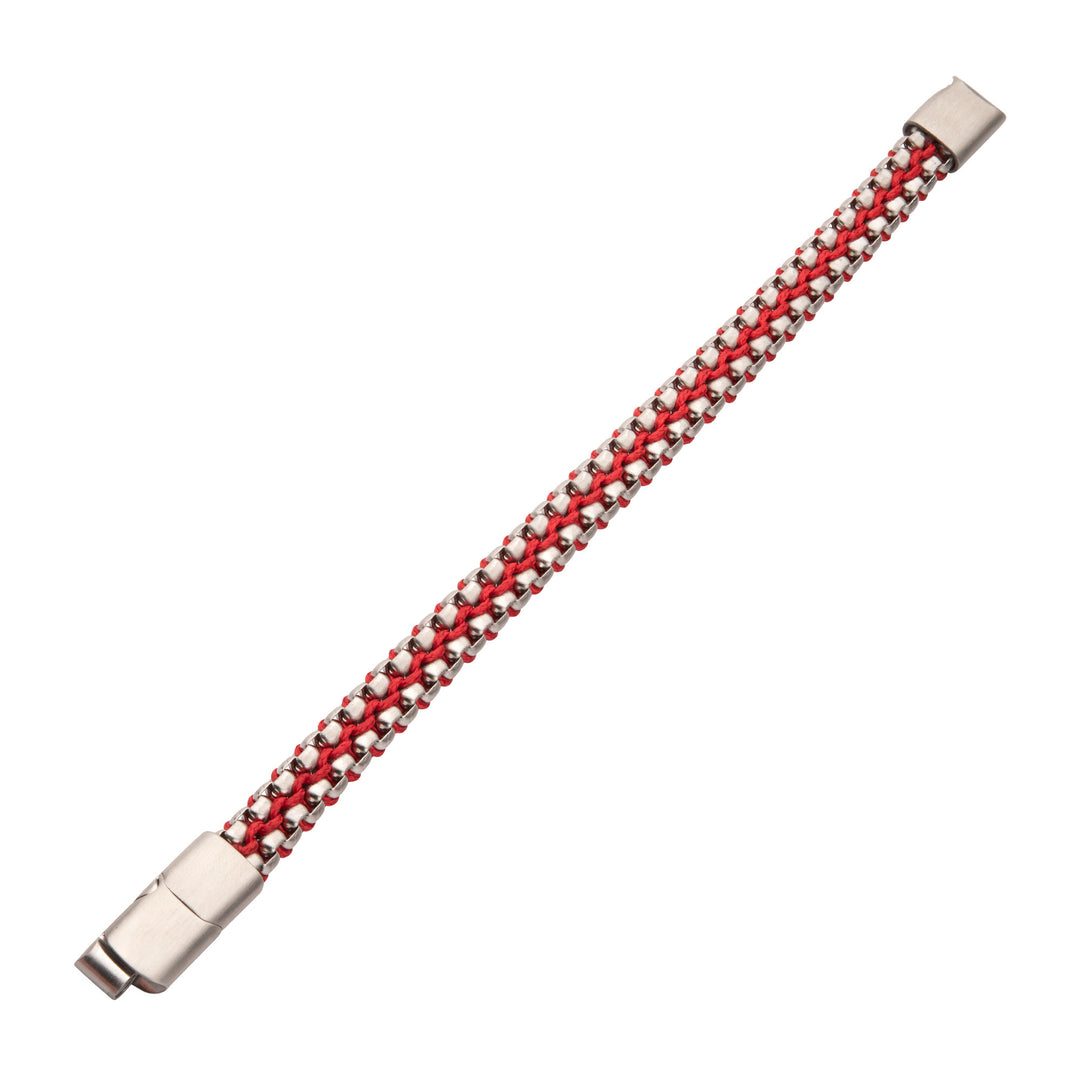 Matte Finish Stainless Steel Box Chain with Red Wax Cord Bracelet