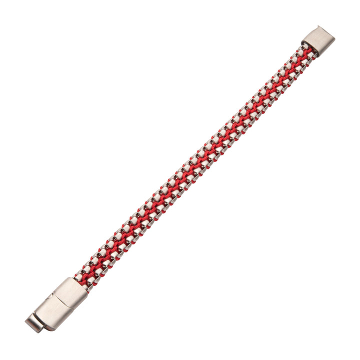 Matte Finish Stainless Steel Box Chain with Red Wax Cord Bracelet