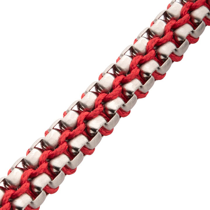 Matte Finish Stainless Steel Box Chain with Red Wax Cord Bracelet