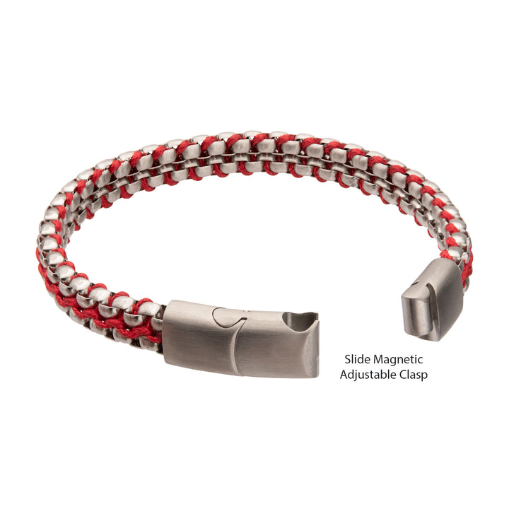 Matte Finish Stainless Steel Box Chain with Red Wax Cord Bracelet