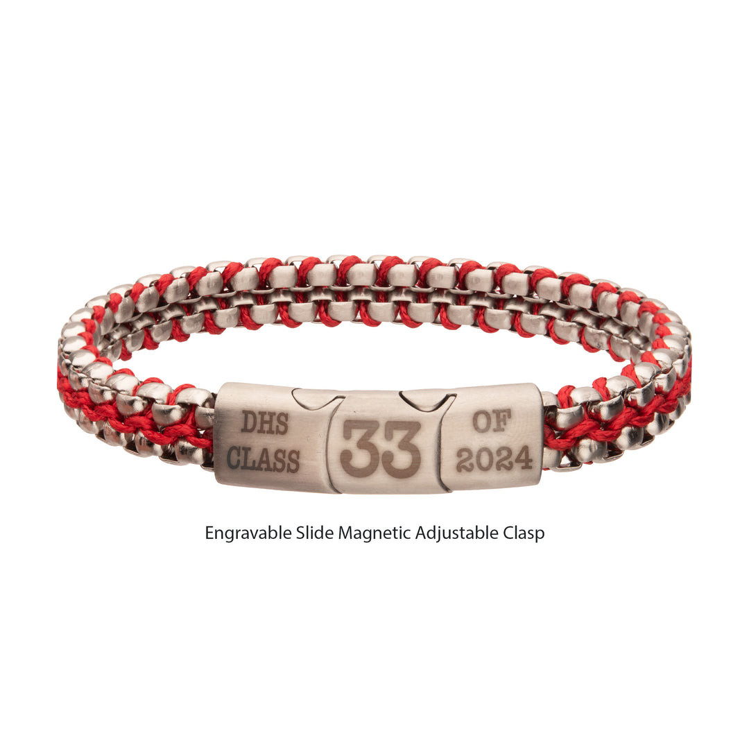 Matte Finish Stainless Steel Box Chain with Red Wax Cord Bracelet