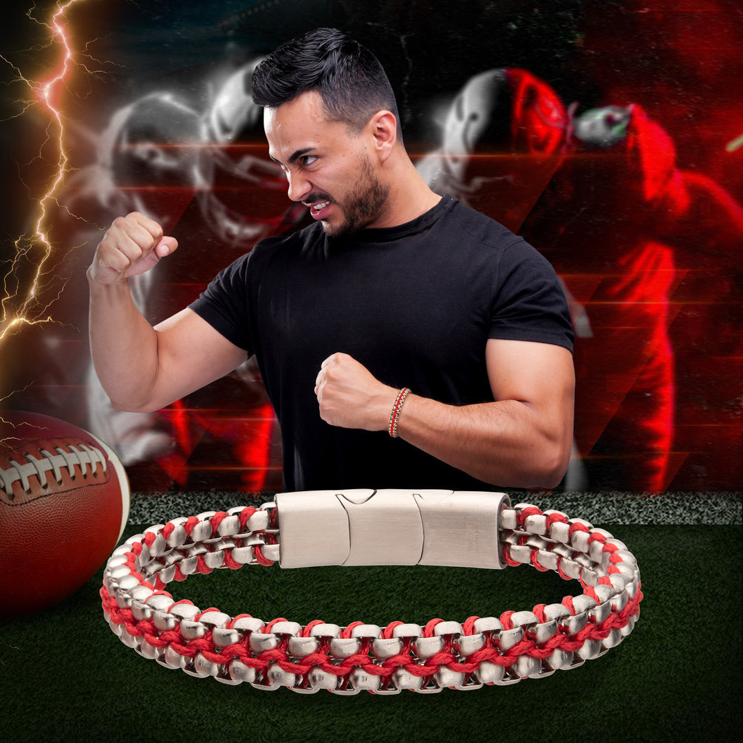 Matte Finish Stainless Steel Box Chain with Red Wax Cord Bracelet