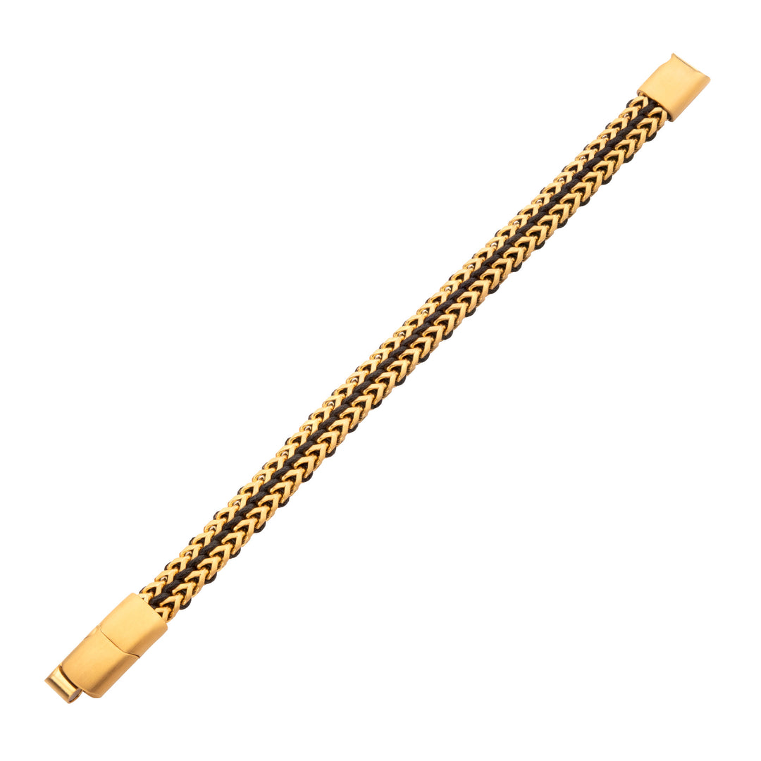 Matte Finish Gold IP Stainless Steel Foxtail Chain with Black Wax Cord Bracelet