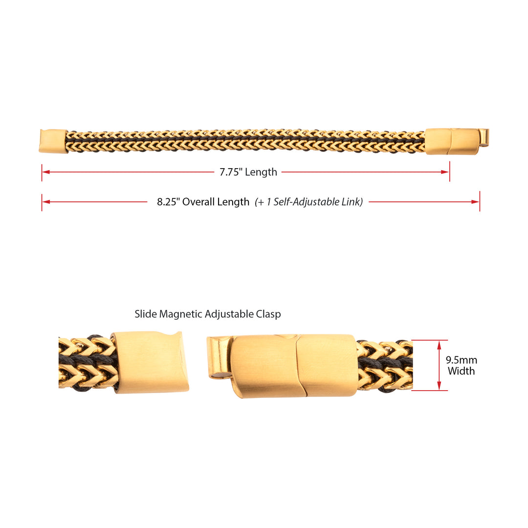 Matte Finish Gold IP Stainless Steel Foxtail Chain with Black Wax Cord Bracelet