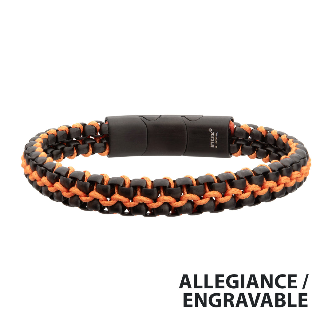 Matte Finish Black IP Stainless Steel Box Chain with Orange Wax Cord Bracelet