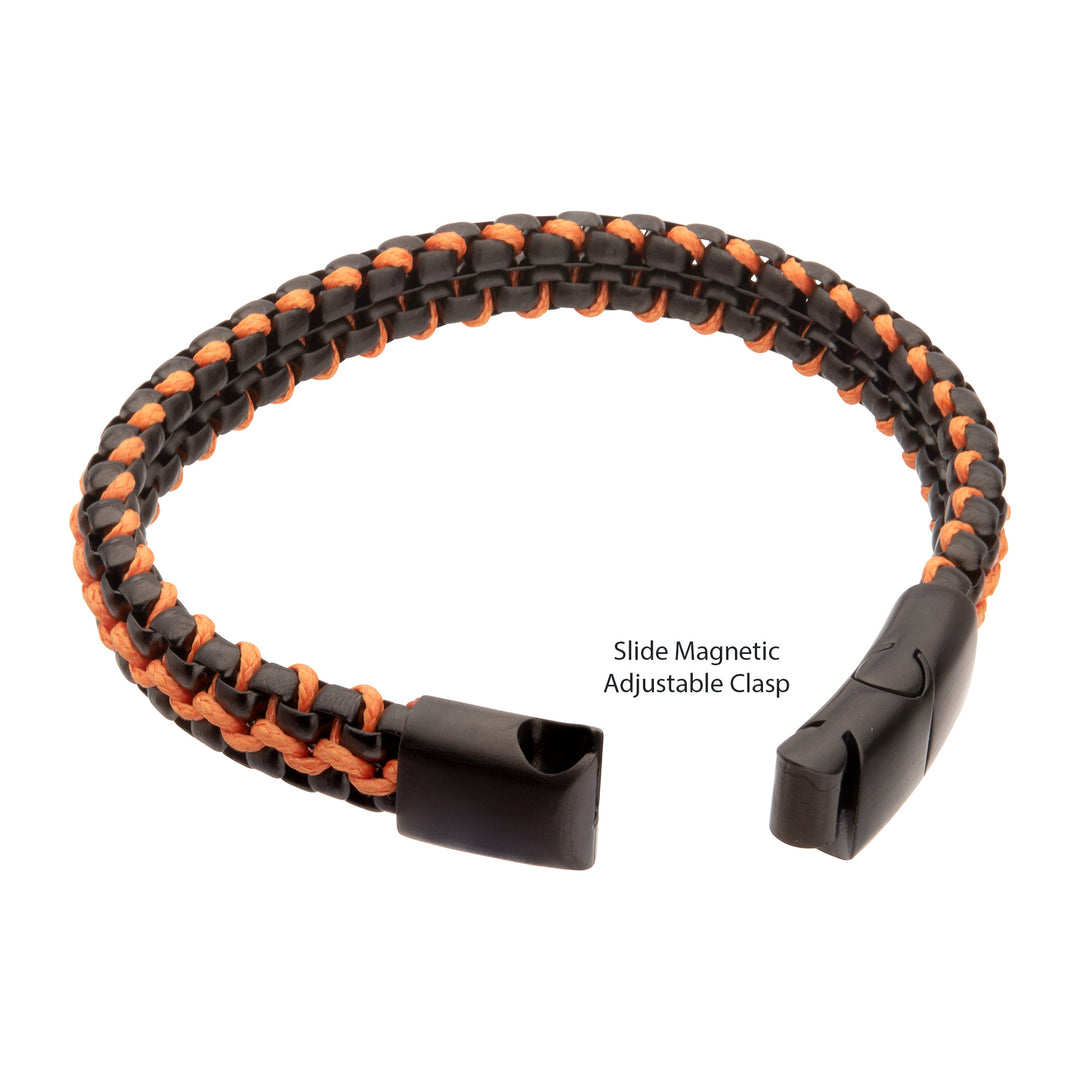 Matte Finish Black IP Stainless Steel Box Chain with Orange Wax Cord Bracelet