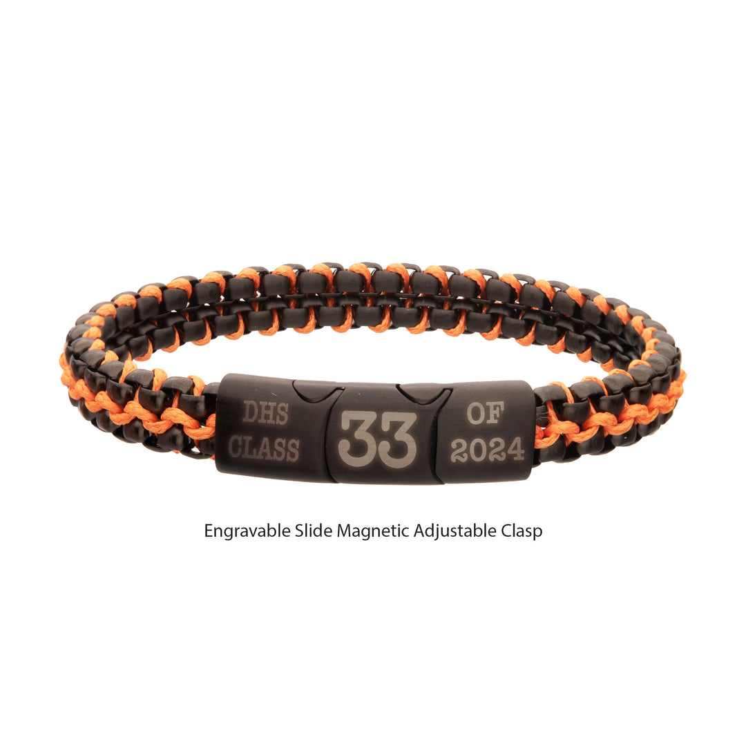 Matte Finish Black IP Stainless Steel Box Chain with Orange Wax Cord Bracelet