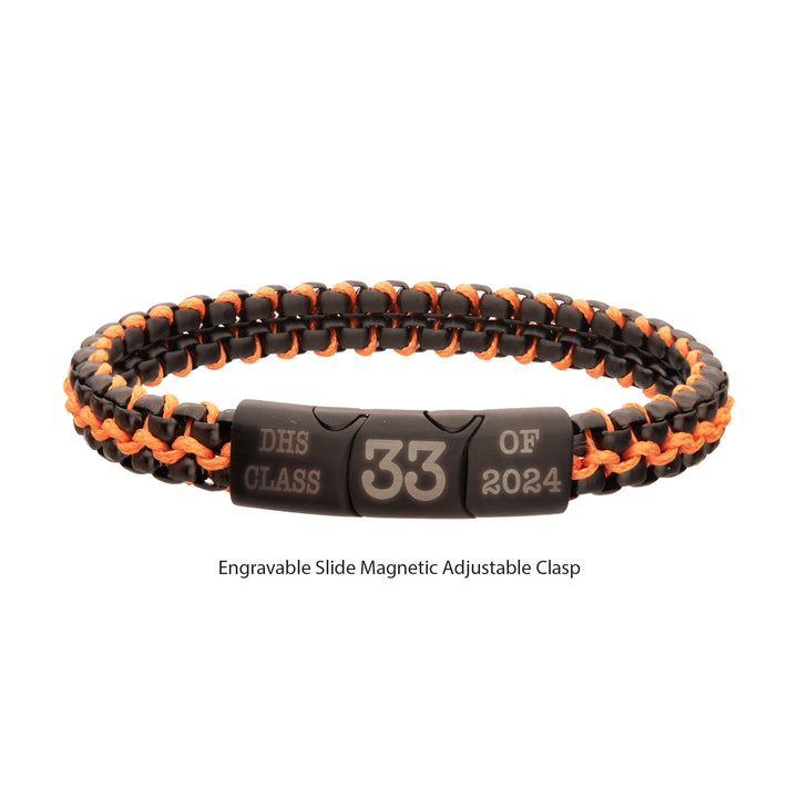 Matte Finish Black IP Stainless Steel Box Chain with Orange Wax Cord Bracelet