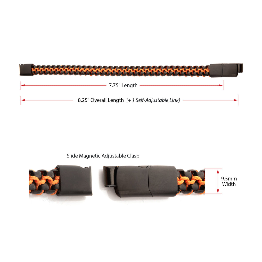 Matte Finish Black IP Stainless Steel Box Chain with Orange Wax Cord Bracelet