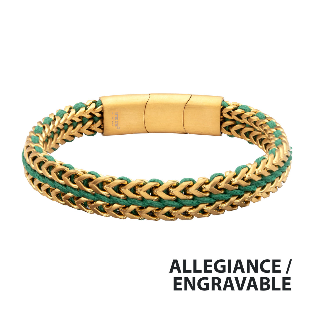 Matte Finish Gold IP Stainless Steel Foxtail Chain with Richer Green Wax Cord Bracelet