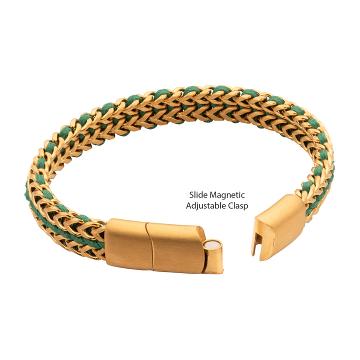 Matte Finish Gold IP Stainless Steel Foxtail Chain with Richer Green Wax Cord Bracelet