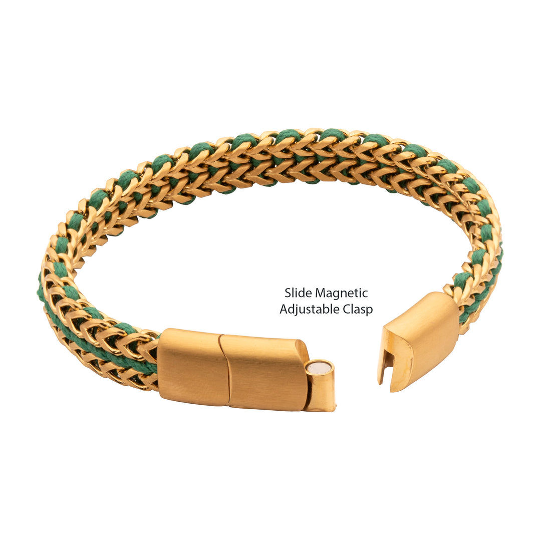 Matte Finish Gold IP Stainless Steel Foxtail Chain with Richer Green Wax Cord Bracelet