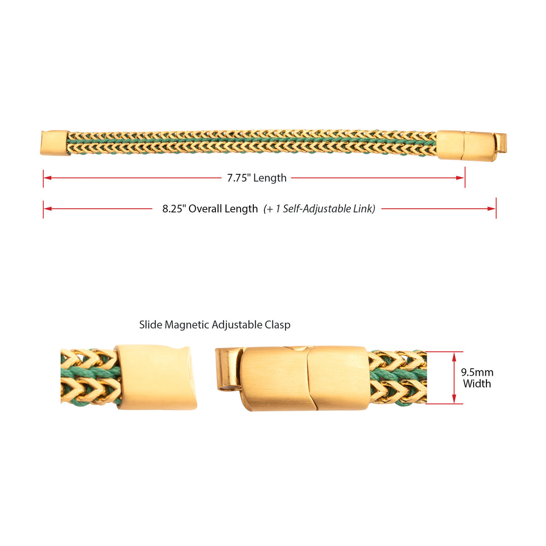 Matte Finish Gold IP Stainless Steel Foxtail Chain with Richer Green Wax Cord Bracelet