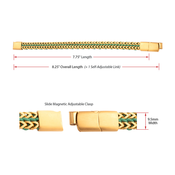 Matte Finish Gold IP Stainless Steel Foxtail Chain with Richer Green Wax Cord Bracelet
