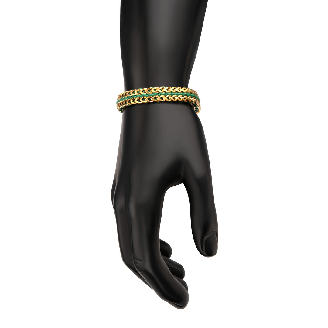 Matte Finish Gold IP Stainless Steel Foxtail Chain with Richer Green Wax Cord Bracelet