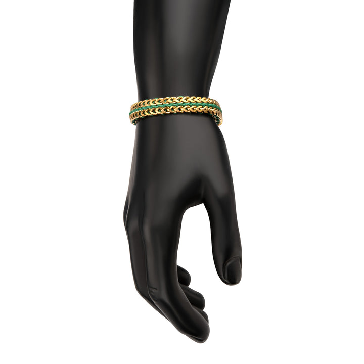 Matte Finish Gold IP Stainless Steel Foxtail Chain with Richer Green Wax Cord Bracelet
