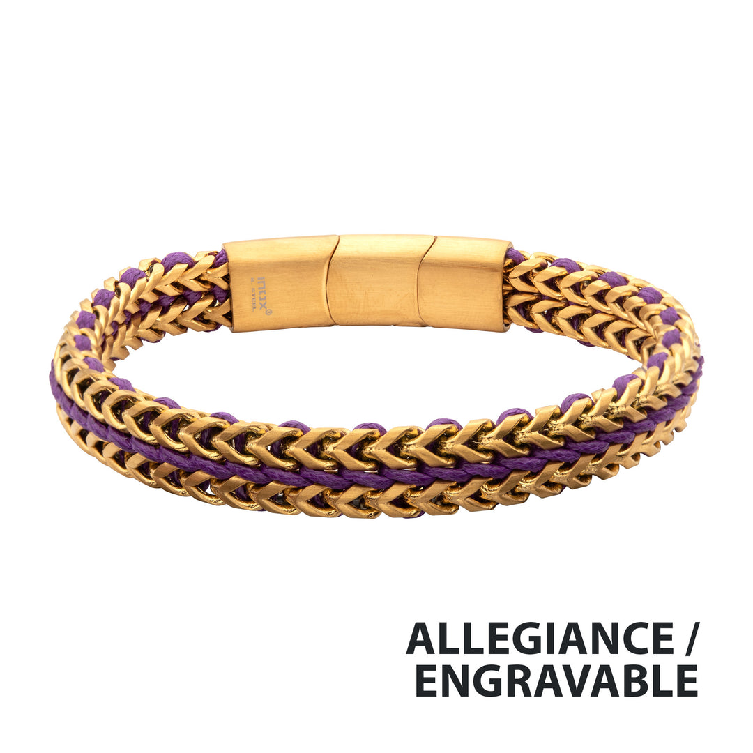 Matte Finish Gold IP Stainless Steel Foxtail Chain with Purple Wax Cord Bracelet