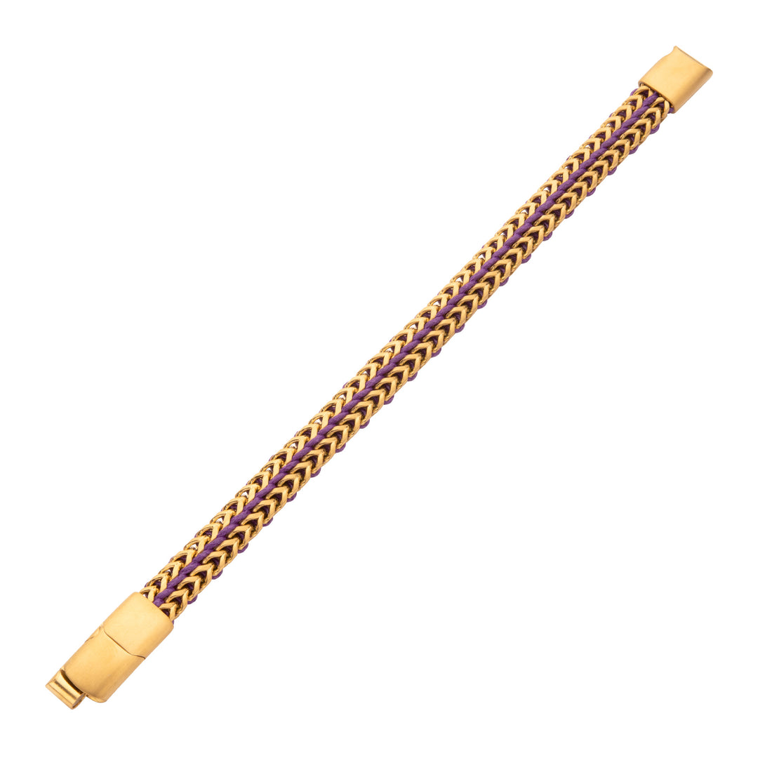 Matte Finish Gold IP Stainless Steel Foxtail Chain with Purple Wax Cord Bracelet