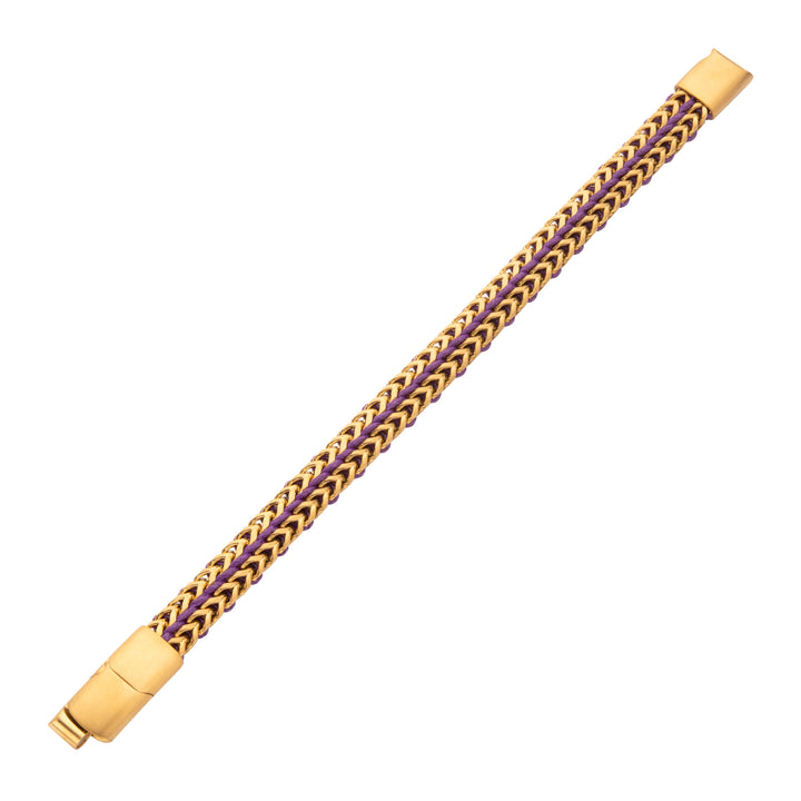Matte Finish Gold IP Stainless Steel Foxtail Chain with Purple Wax Cord Bracelet